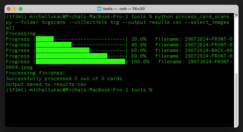 Executing the script on trading card scan recognition.